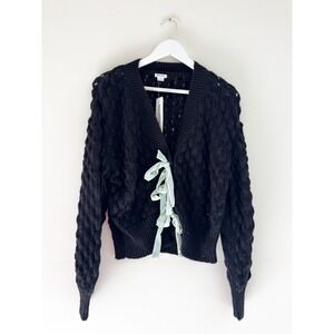 Kimchi Blue Cora bow cardigan in black with mint ribbon tie, Size S